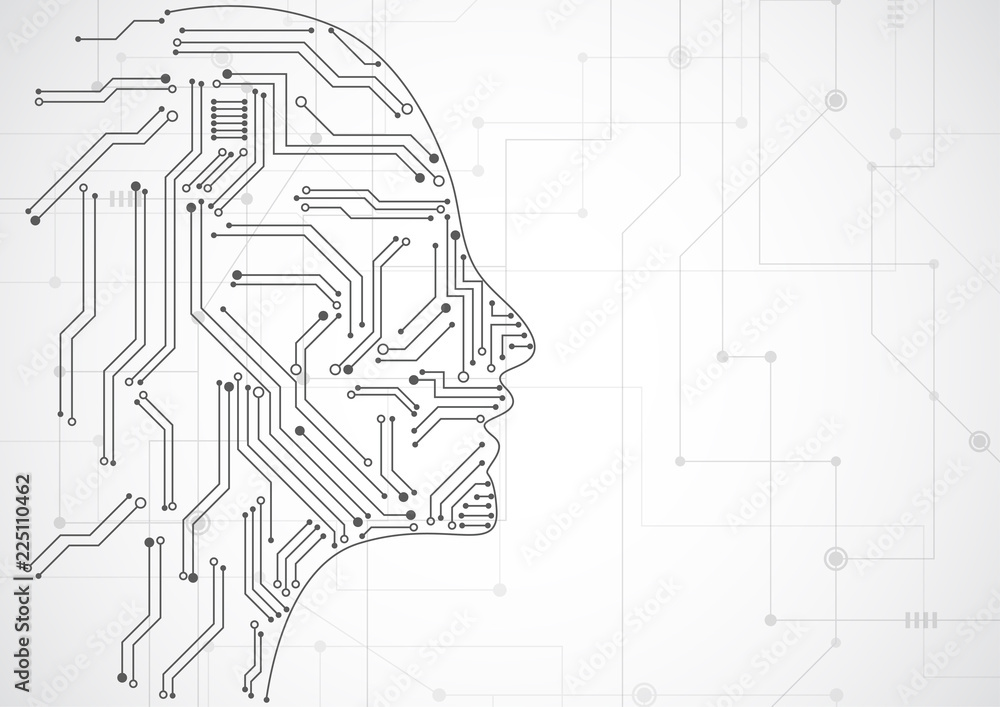 Poster artificial intelligence. abstract geometric human head outline with circuit board. technology and en