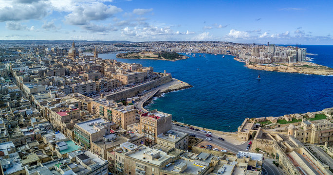 La Valletta harbor aerial view with blue sea
