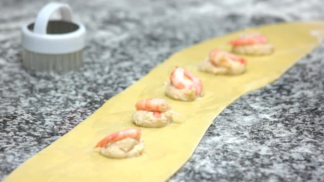 Dough, shrimps and cheese. Ravioli ingredients close up.