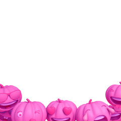 Cute smiling cartoon of pink pastel pumpkin head jack emoji, isolated on white background, copy space text. Design creative concept for happy Halloween day festival, 3D rendering.