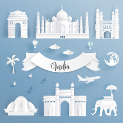 Element set of world famous landmarks of India, all in paper cut style beautiful vector illustration.  - obrazy, fototapety, plakaty