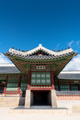 The Korea traditional architecture have a beauty of both colorful and curve under blue and high sky in autumn. Here is Gyeongbokgung Palace where is one of the famous places to tourist who visit Korea
