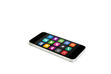 Mobile smart phone, mobile application on screen, isolated on white background