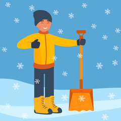 Happy man with a big winter shovel for snow to start cleaning the snow. Winter landscape with falling snowflakes. Flat design style. Vector illustration. © vandycandy