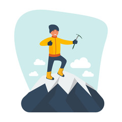 Climber standing on the top of mountain with an ice pick. Young smiling mountaineer climbing on a rock. Vector cartoon illustration isolated on white background. Flat design style. Vector illustration