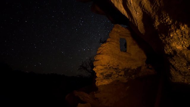 Ancestral Puebloan Native American Indian Ruins Under Stars and Milky Way at Night