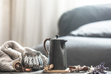 cozy living room with tea on the table
