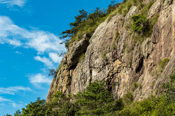 Fototapeta na wymiar unique rock slope covered with green forest under the blue sky at mount Sanqing geo Park
