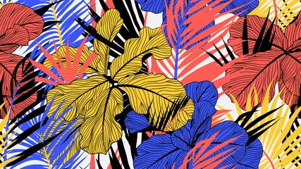 Schilderijen op glas Floral seamless pattern, colorful fiddle leaf fig and palm leaves on light grey background, line art ink drawing © momosama