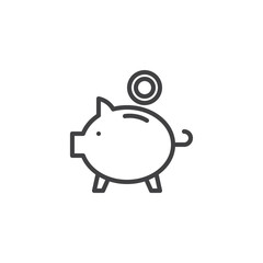 Piggy Bank and coin outline icon. linear style sign for mobile concept and web design. Money box simple line vector icon. Symbol, logo illustration. Pixel perfect vector graphics