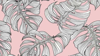 Zelfklevend Fotobehang Floral seamless pattern, black and white split-leaf Philodendron plant on pink background, line art ink drawing © momosama