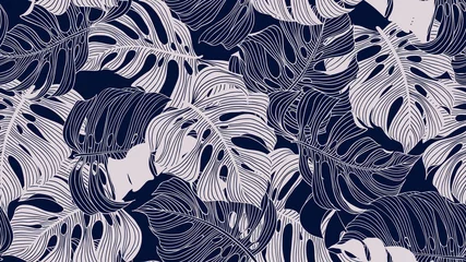 Afwasbaar fotobehang Floral seamless pattern, blue and light pink split-leaf Philodendron plant on blue background, line art ink drawing © momosama