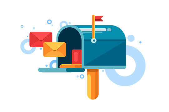 Blue mailbox with red flag and letters inside.