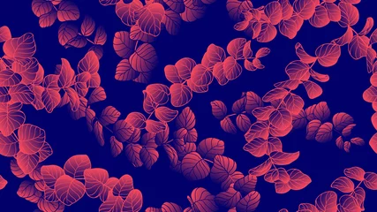 Zelfklevend Fotobehang Floral seamless pattern, red and blue gradient of Silver Dollar Eucalyptus leaves on blue background, line art ink drawing © momosama