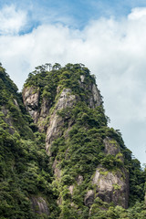 unique peak covered by forest at mount sanqing geo park on a cloudy day
