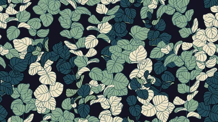 Fotobehang Floral seamless pattern, shade of green Silver Dollar Eucalyptus leaves on black background, line art ink drawing © momosama