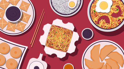 Set of Chinese food. Chinese cuisine dishes. Top view. Vector illustration in flat style