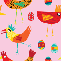 Colorful seamless repeat pattern of chickens on a pink background