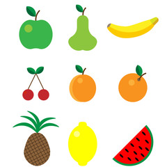Cute bright colors of fruits vector collections. Set of fruits are apple, lemon, banana, orange, pear, pineapple, cherries, apricot, watermelon. Available in eps10. Isolated.