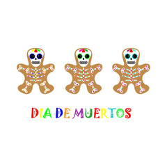 Vector illustration. Gingerbread man decorated colored icing. Holiday cookie in shape of man. Day of the dead cookie. Dia de los muertos icon on white background.
