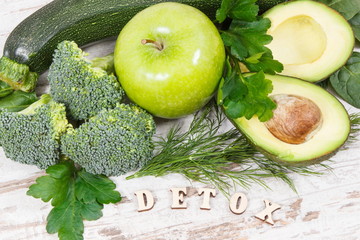 Natural green fruit and vegetables as source vitamins and minerals, healthy nutrition and detoxification concept