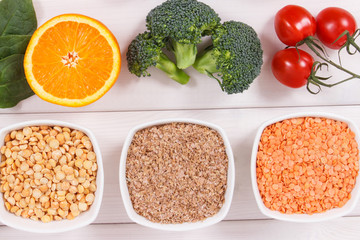 Vintage photo, Nutritious products containing vitamin B9 and dietary fiber, healthy nutrition concept