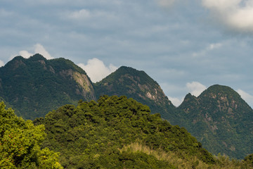 green forest covered mount sanqing peaks under the cloudy sky