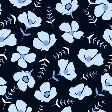 seamless pattern with beautiful small blue flowers on a black background