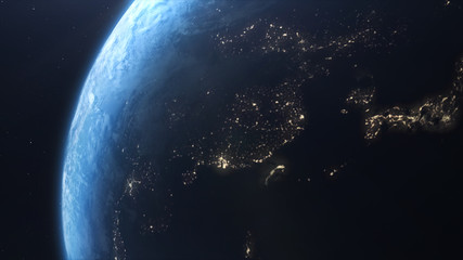 Earth rotation focusing on Asian countries moving from daylight to night side with the define...