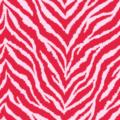 Seamless pattern with bright red and blush pink zebra fur print. Vector illustration. Exotic wild animalistic texture. © InnaPoka