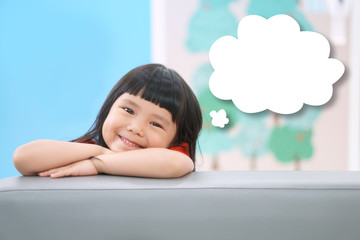Asian child student or kid girl happy fun with smile and thinking for new idea on white cloud or...