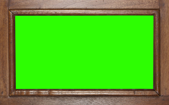 empty ancient wood frame or window and door on green screen for scene or panorama wide display and movie isolated included clipping path