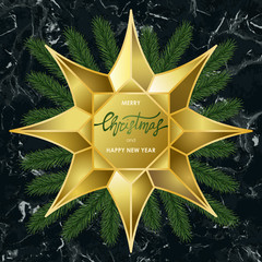 Luxury Christmas and New Year Card with Gold Star on Marble Background