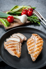 Grilled chicken fillet on frying pan