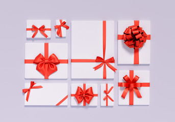 Gift Box flat lay collection, from above, red ribbon bow set, 3d rendering