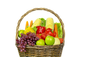 vegetables and fruits in wicker basket