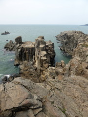 sea, coast, beach, water, ocean, landscape, nature, sky, rock, blue, coastline, travel, cliff, shore, island, view, rocks, bay, rocky, sand, seascape, stone, beautiful, tojinbo, japan