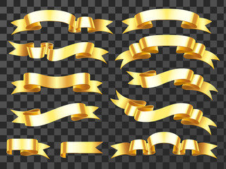 Realistic gold banner. Golden horizontal celebration ribbon. Scroll ribbons and award banners isolated vector illustration