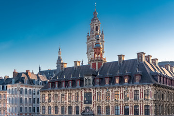Lille, old facades in the center, the belfry of the Chambre de Commerce in background 
 - obrazy, fototapety, plakaty