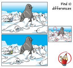 Group of happy baby seals are playing. Find 10 differences. Educational game for children. Cartoon vector illustration