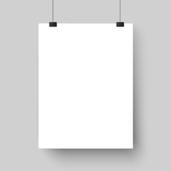 Blank white poster template. Affiche, paper sheet hanging on wall. Vector mockup - obrazy, fototapety, plakaty