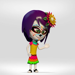 Day of the Dead, girl dressed in Mexican skull pointing.