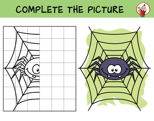 Complete the picture of a funny spider. Copy the picture. Coloring book. Educational game for children. Cartoon vector illustration