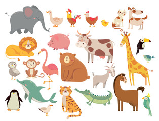 Tekenfilm dieren. Schattige olifant en leeuw, giraf en krokodil, koe en kip, hond en kat. Boerderij en savanne dieren vector set