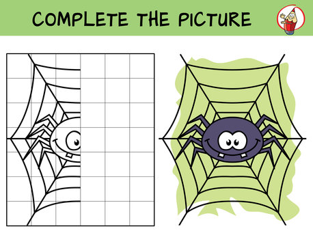 Complete the picture of a funny spider. Copy the picture. Coloring book. Educational game for children. Cartoon vector illustration