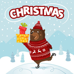 Cheerful bear on snow skates with gift. winter pullover with knitted deer decor. animalistic character waving and giving a present. Christmas or new year greeting card
