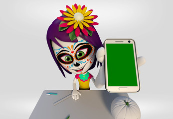 Day of the Dead, girl dressed as a Mexican skull showing smartphone