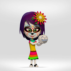  Day of the Dead, girl dressed as a Mexican skull showing pumpkin