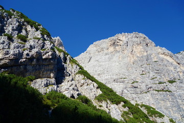 Hiking trail leading from Lago del Predil to Bivacco Gorizia and Cima delle Forcelle in Dolomites, Alps, Italy