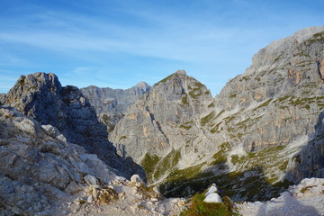 Mountain pass in Dolomites leading to the top of Cima delle Forcelle in Alps, Italy